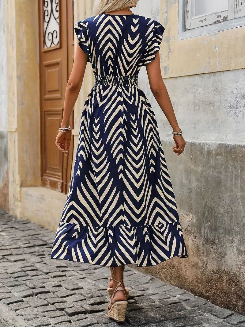 Kaline – Chic Chevron V-neck Midi Dress