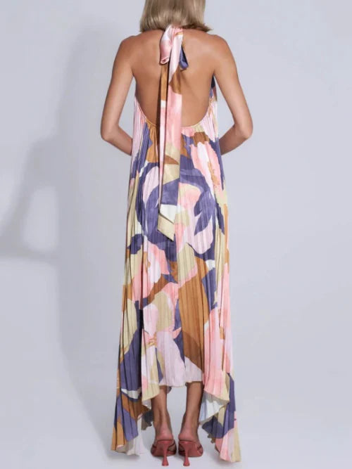 Mirelda – Abstract Printe Halterneck Pleated Maxi Dress