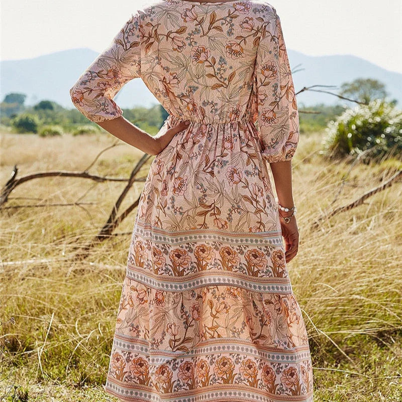 Mahlia – Boho Floral Midi Dress with V-neck