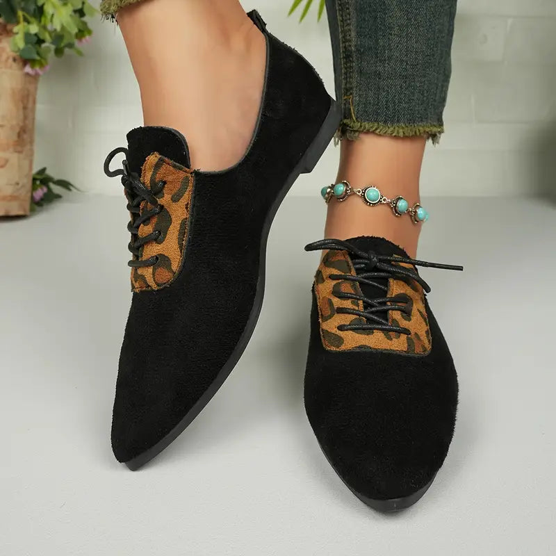 Melithra – Elegant Suede Lace-up Shoes with Leopard Print