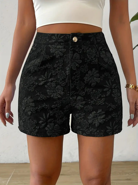 Tazlira – Elegant Floral Embossed High-waist Shorts