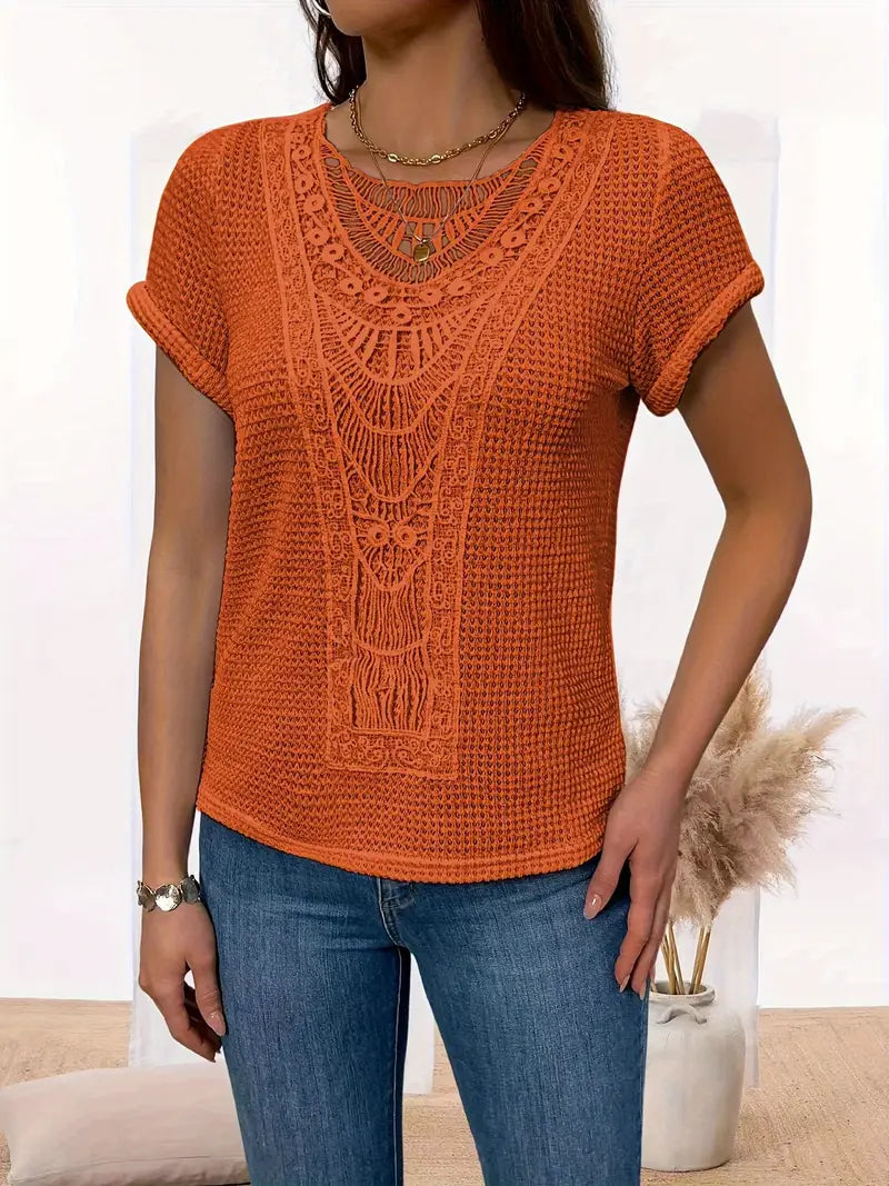 Yzendra – Stylish Crochet Knit Top