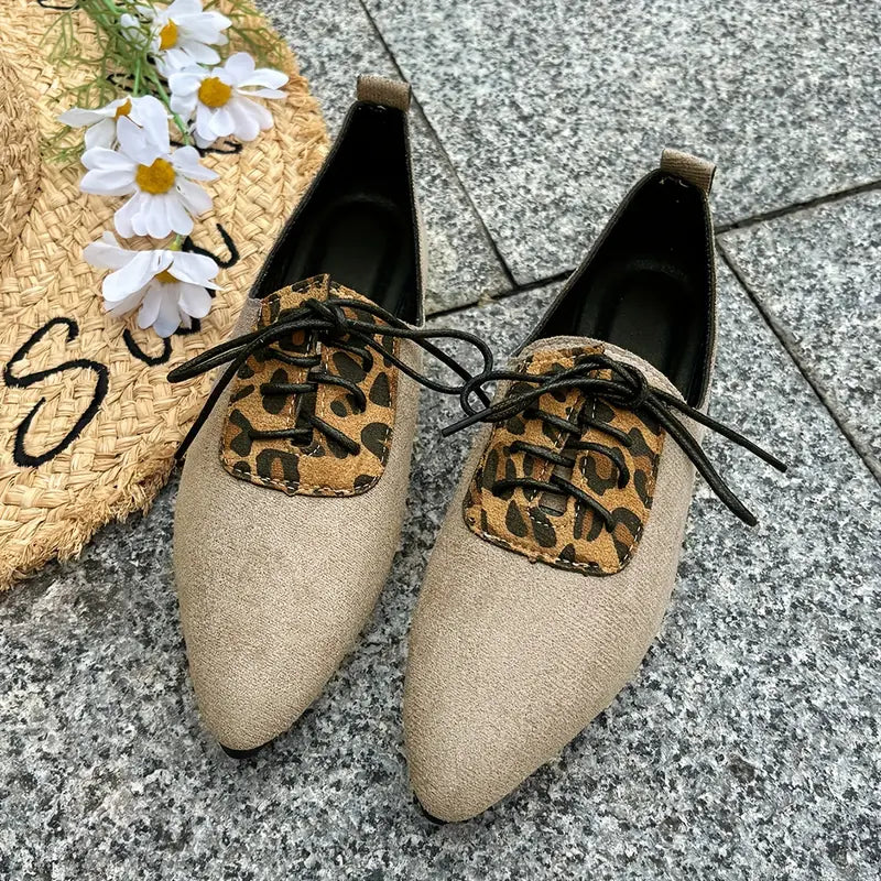 Melithra – Elegant Suede Lace-up Shoes with Leopard Print