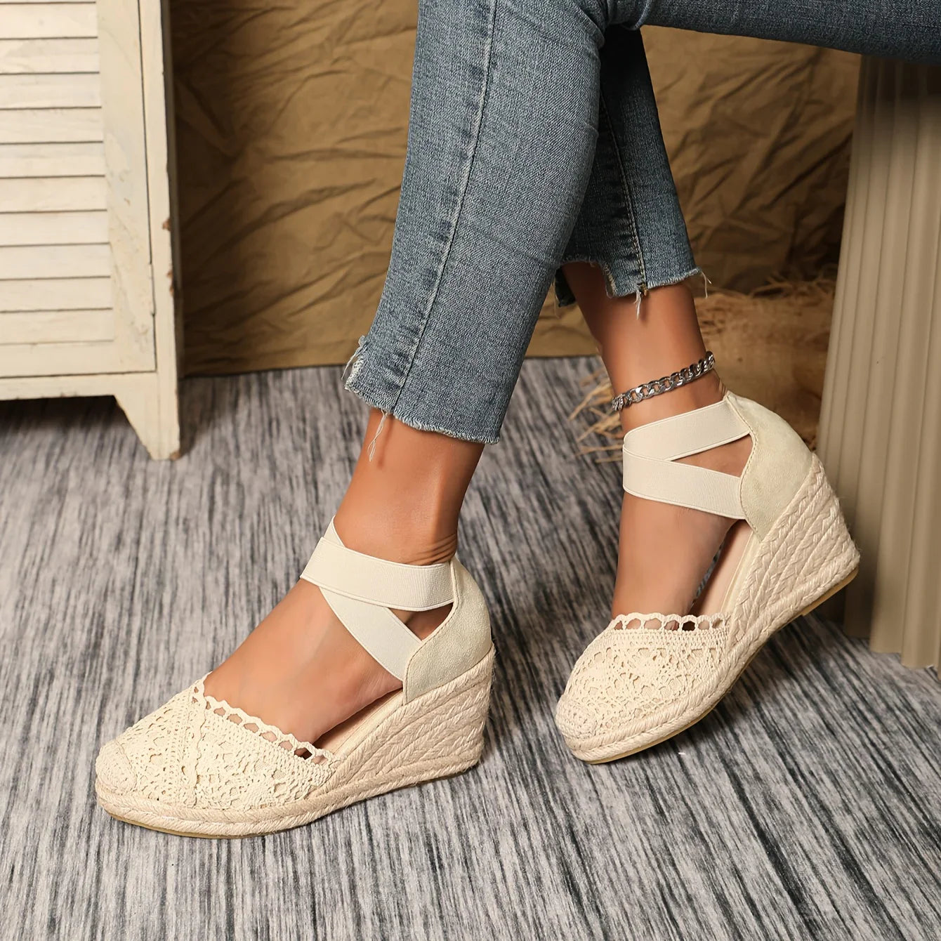 Nessa – Elegant Crochet Lace Wedge Sandals