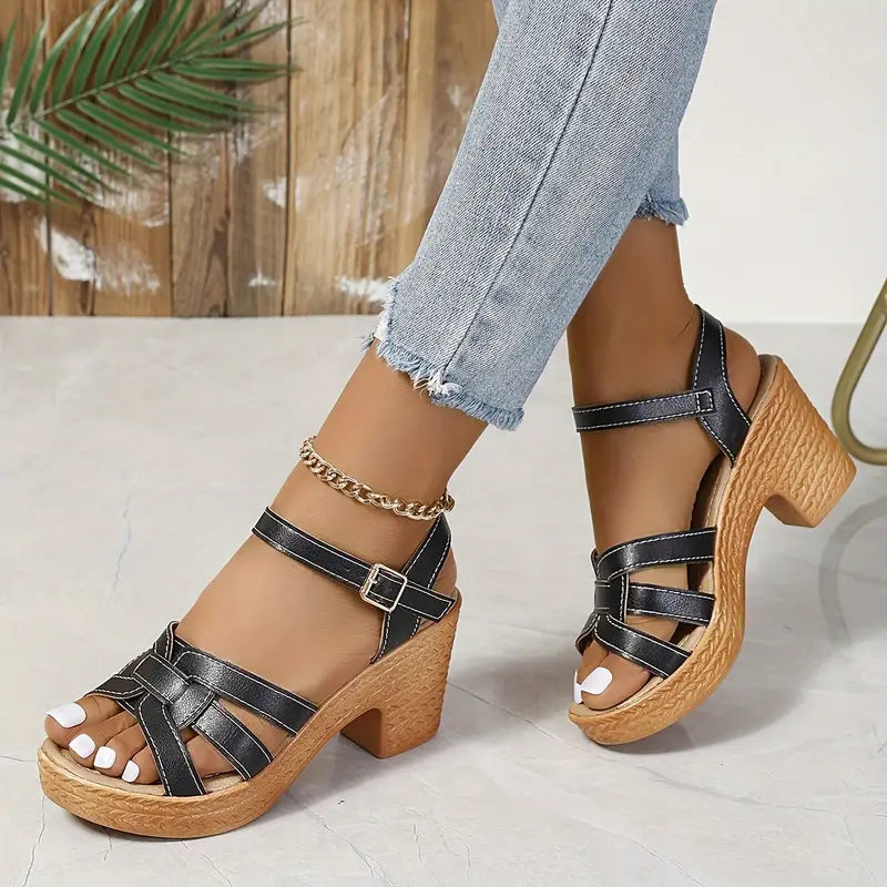 Eldarose – Vintage Woven Chunky Heel Strap Sandals