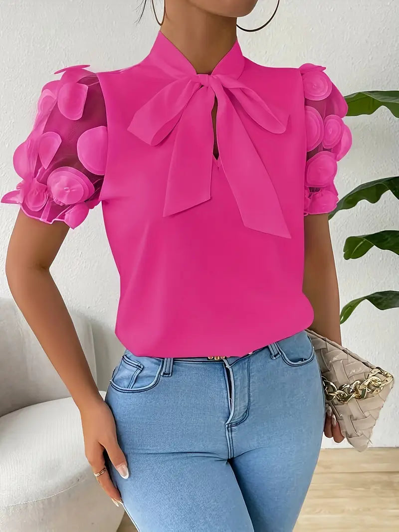 Iscaria – Elegant Bow Tie and Mesh Sleeves Blouse