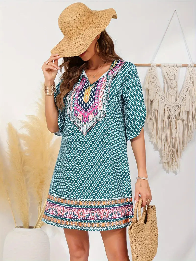 Zariah – Charming V-neck Boho Print Tunic Dress