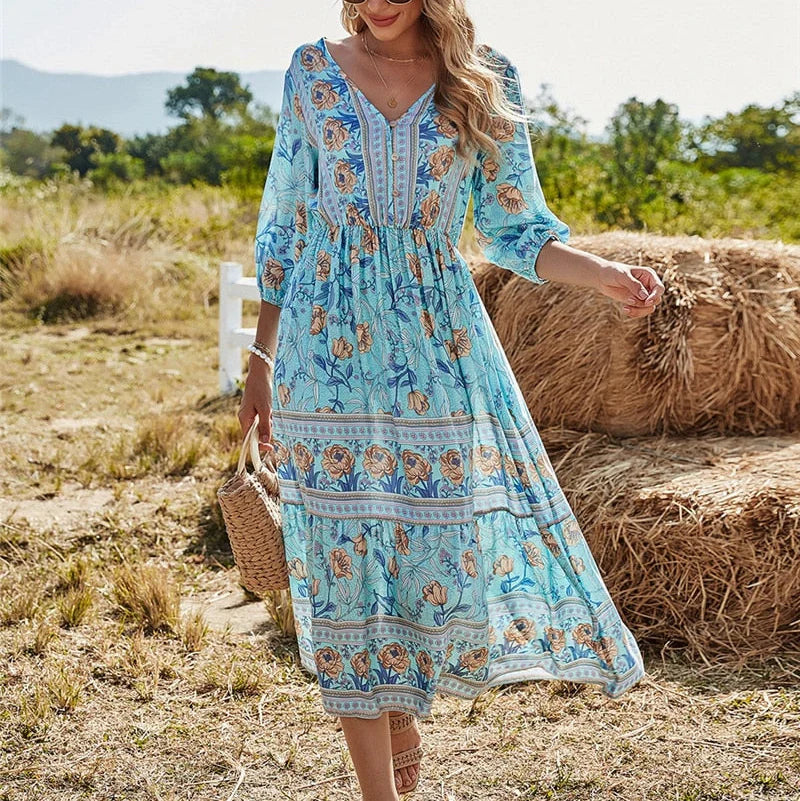Mahlia – Boho Floral Midi Dress with V-neck