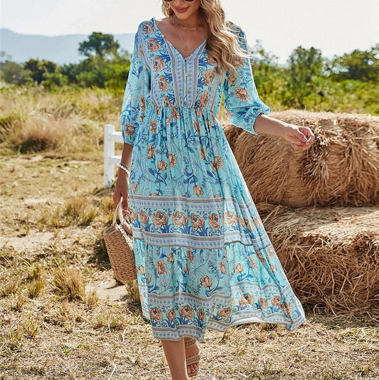 Mahlia – Boho Floral Midi Dress with V-neck
