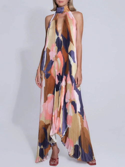 Mirelda – Abstract Printe Halterneck Pleated Maxi Dress