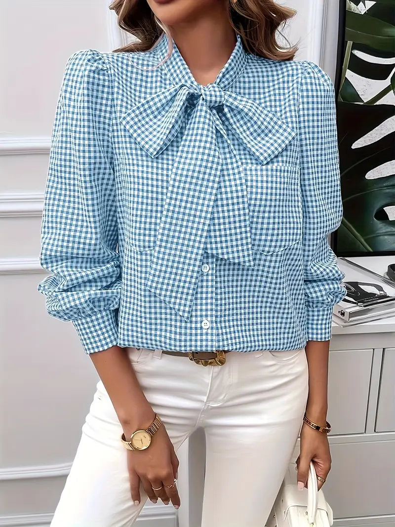 Mortisia – Classic Bow Tie Checkered Blouse