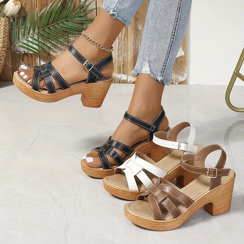 Eldarose – Vintage Woven Chunky Heel Strap Sandals