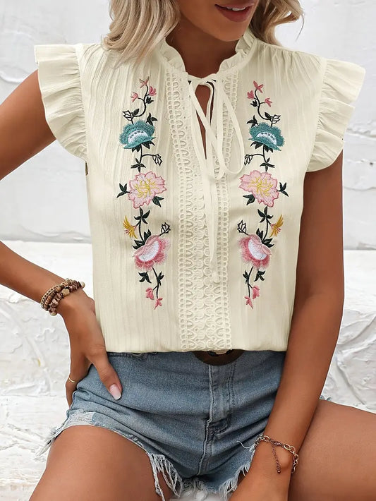 Elysia - Vintage Embroidered Ruffle Sleeves Blouse