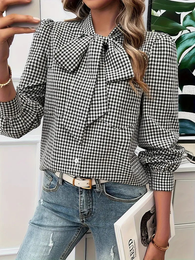 Mortisia – Classic Bow Tie Checkered Blouse