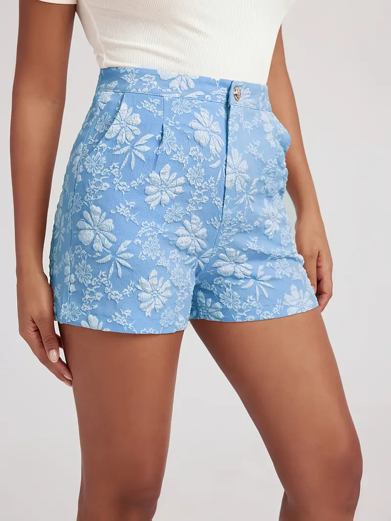 Tazlira – Elegant Floral Embossed High-waist Shorts