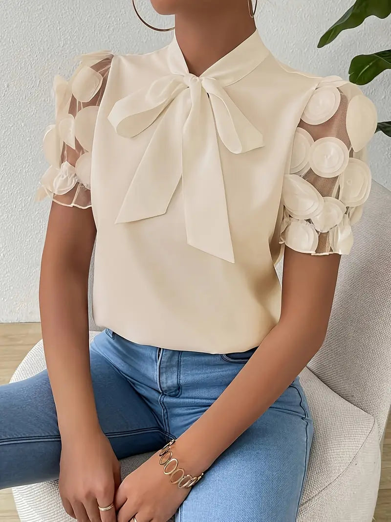 Iscaria – Elegant Bow Tie and Mesh Sleeves Blouse