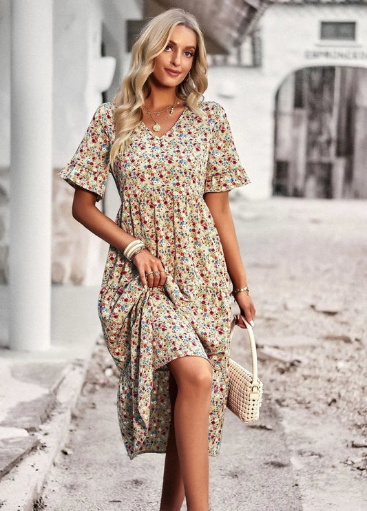 Veloura – Vintage V-neck Floral Dress