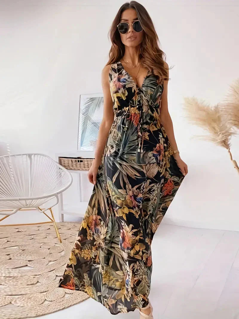 Kresaline – V-neck Maxi Dress with Tropical Print