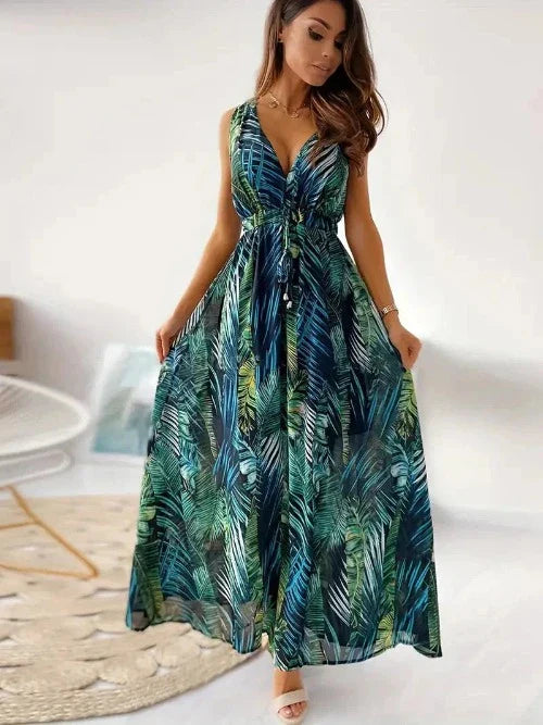Kresaline – V-neck Maxi Dress with Tropical Print