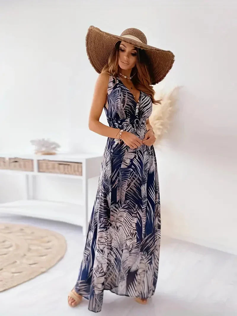 Kresaline – V-neck Maxi Dress with Tropical Print