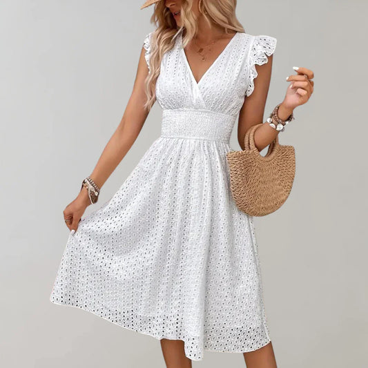 Brionelle – V-neck Cotton Ruffle Sleeves Dress