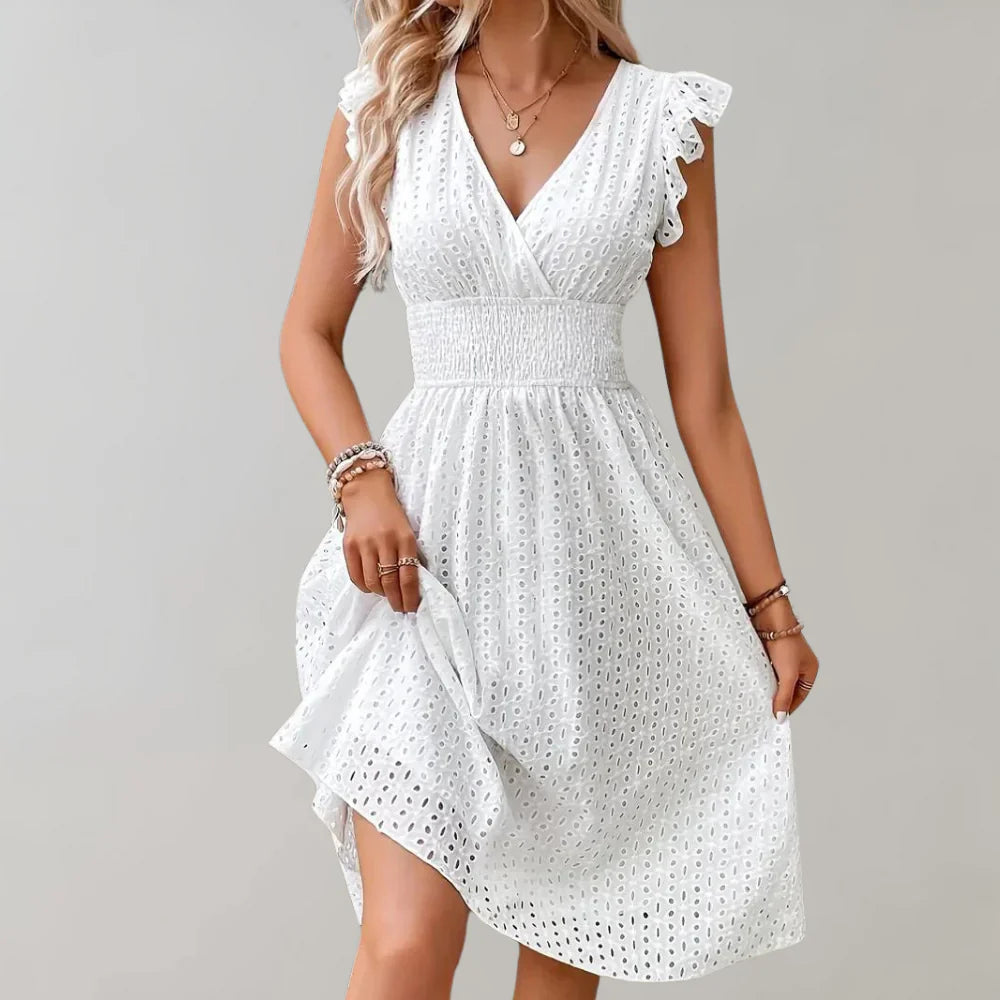 Brionelle – V-neck Cotton Ruffle Sleeves Dress