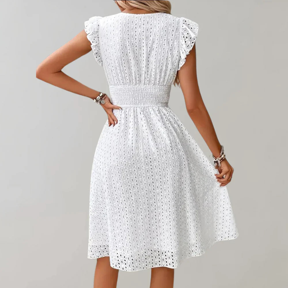 Brionelle – V-neck Cotton Ruffle Sleeves Dress