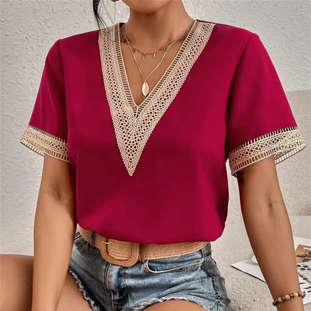 Carryn – Stylish V-neck blouse with lace trim