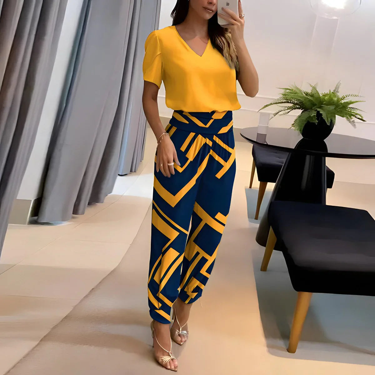 Atara - Soft V-neck Top and High-waisted Trousers Set