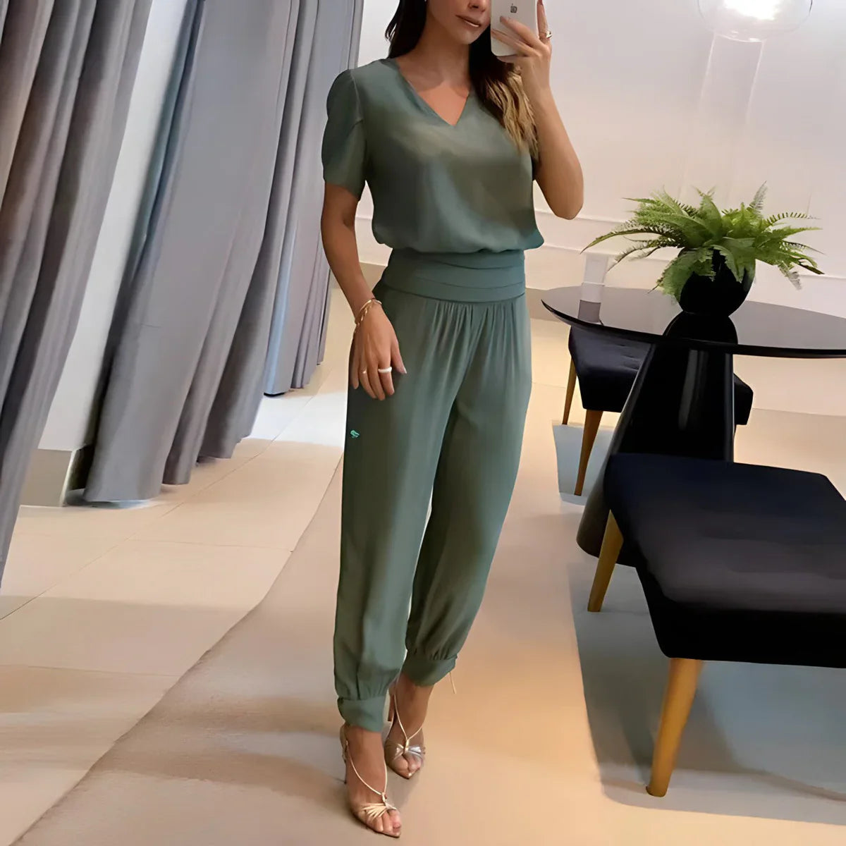 Atara - Soft V-neck Top and High-waisted Trousers Set