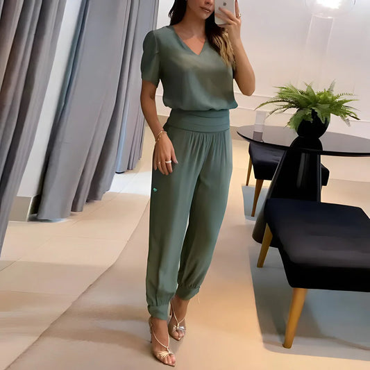 Atara - Soft V-neck Top and High-waisted Trousers Set