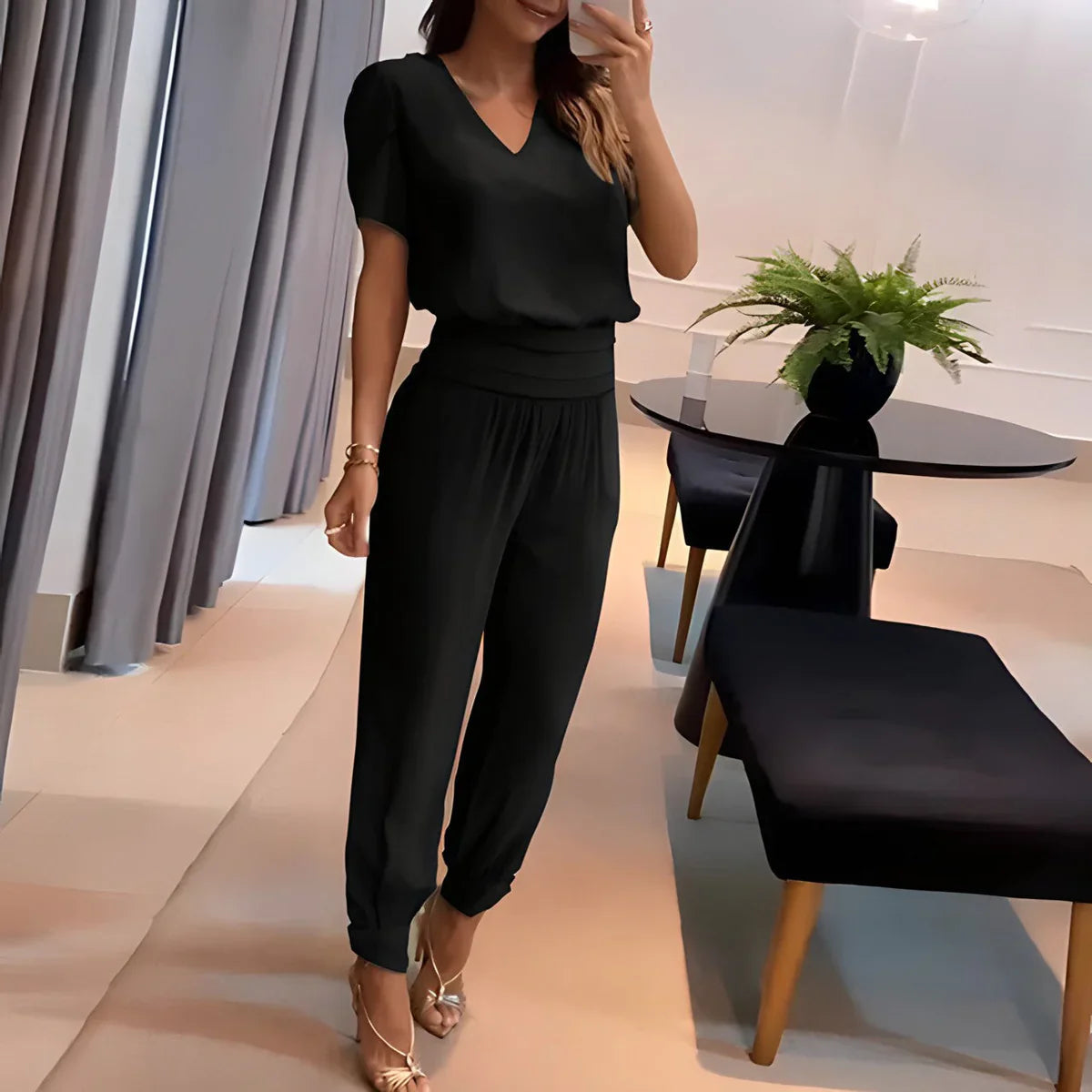Atara - Soft V-neck Top and High-waisted Trousers Set