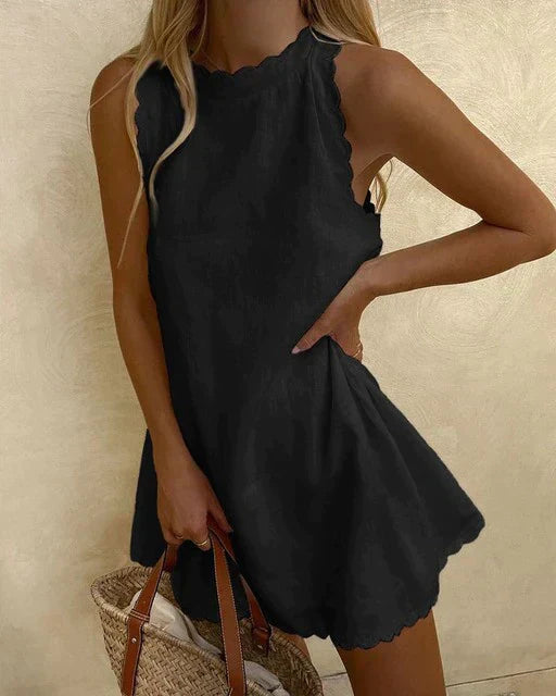 Amadel – Cotton Linen Scalloped Hem Summer Dress