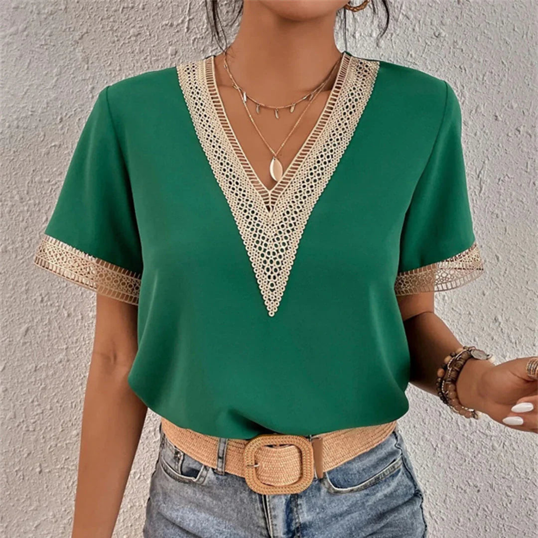 Carryn – Stylish V-neck blouse with lace trim
