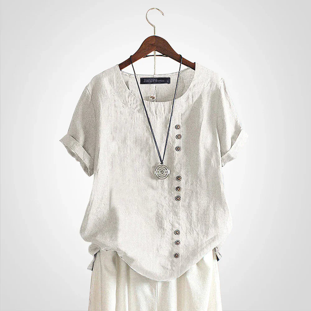 Tavelyn – Vintage Linen Blouse with Button Placket