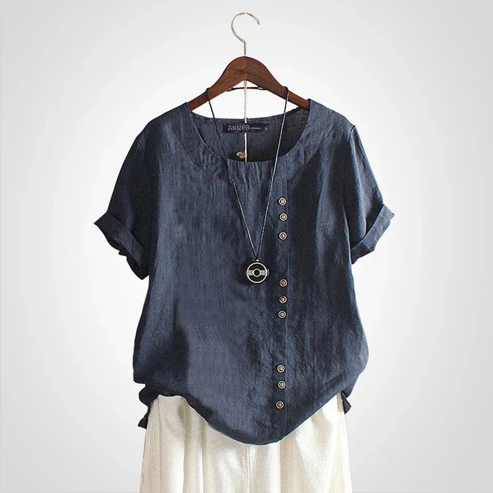 Tavelyn – Vintage Linen Blouse with Button Placket