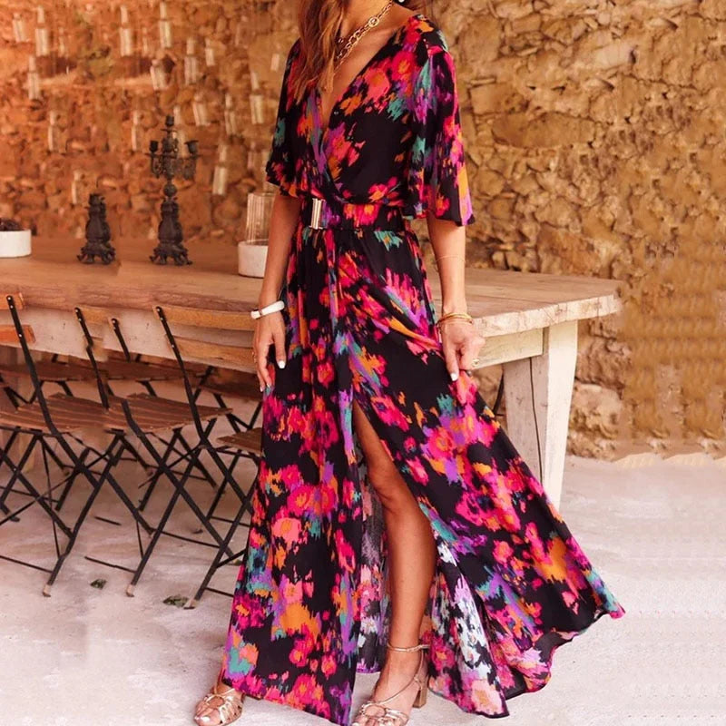 Ivory – Boho V-neck Maxi Dress with Belt