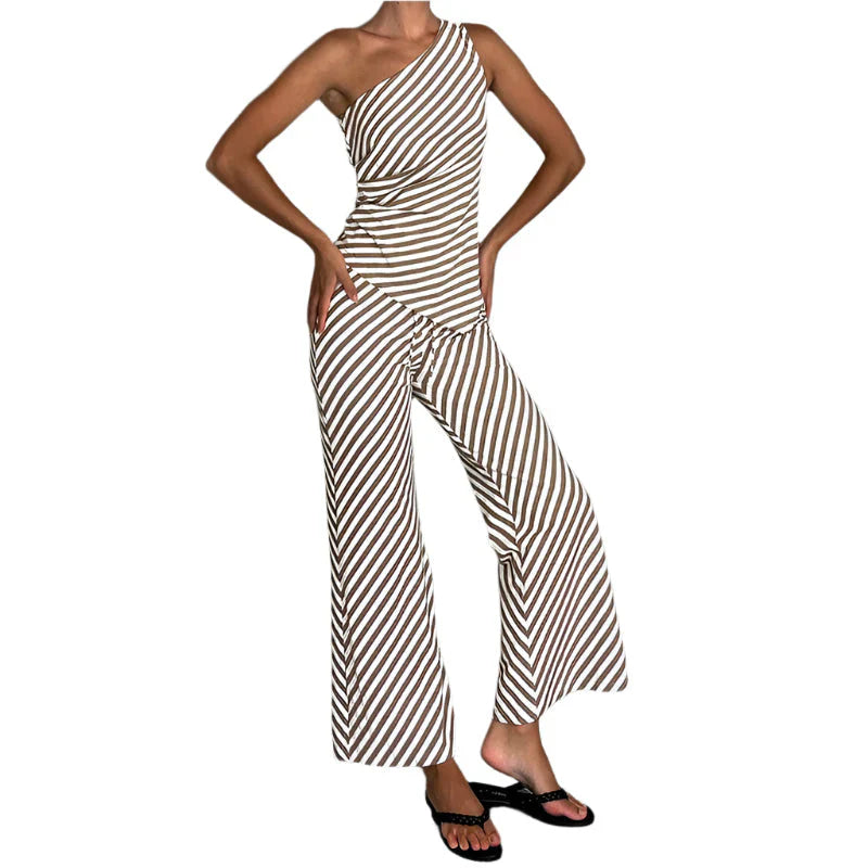 Laila - One-shoulder Jumpsuit with Striped Wide Legs