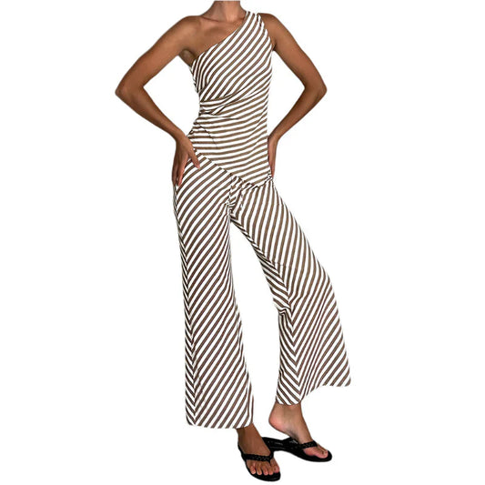 Laila - One-shoulder Jumpsuit with Striped Wide Legs