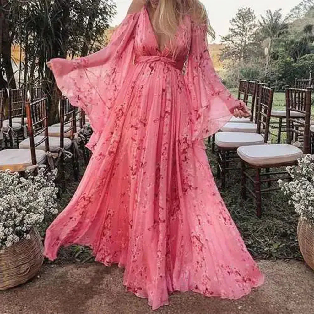 Nalani - V-neck Floral Chiffon Maxi Dress