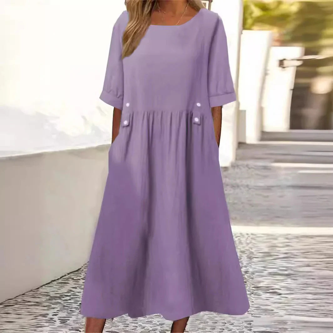 Hyacinth – Casual Loose Fit Midi Dress with Pockets
