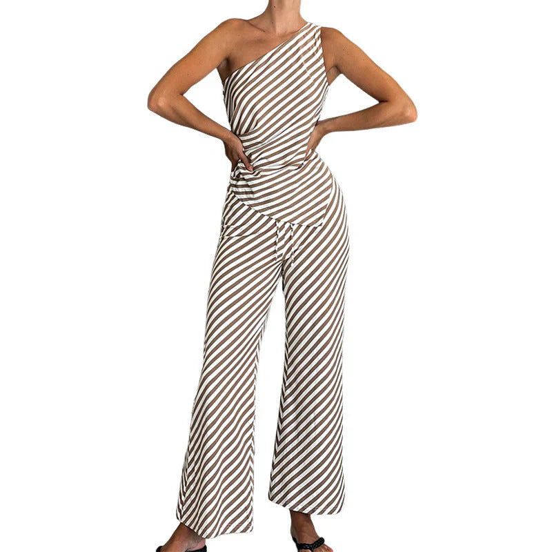 Laila - One-shoulder Jumpsuit with Striped Wide Legs