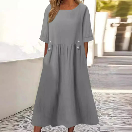 Hyacinth – Casual Loose Fit Midi Dress with Pockets