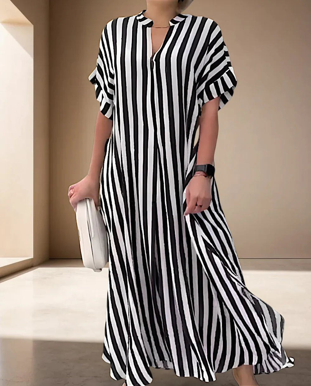 Naevanya – Striped Maxi Dress with Ruffle Sleeves