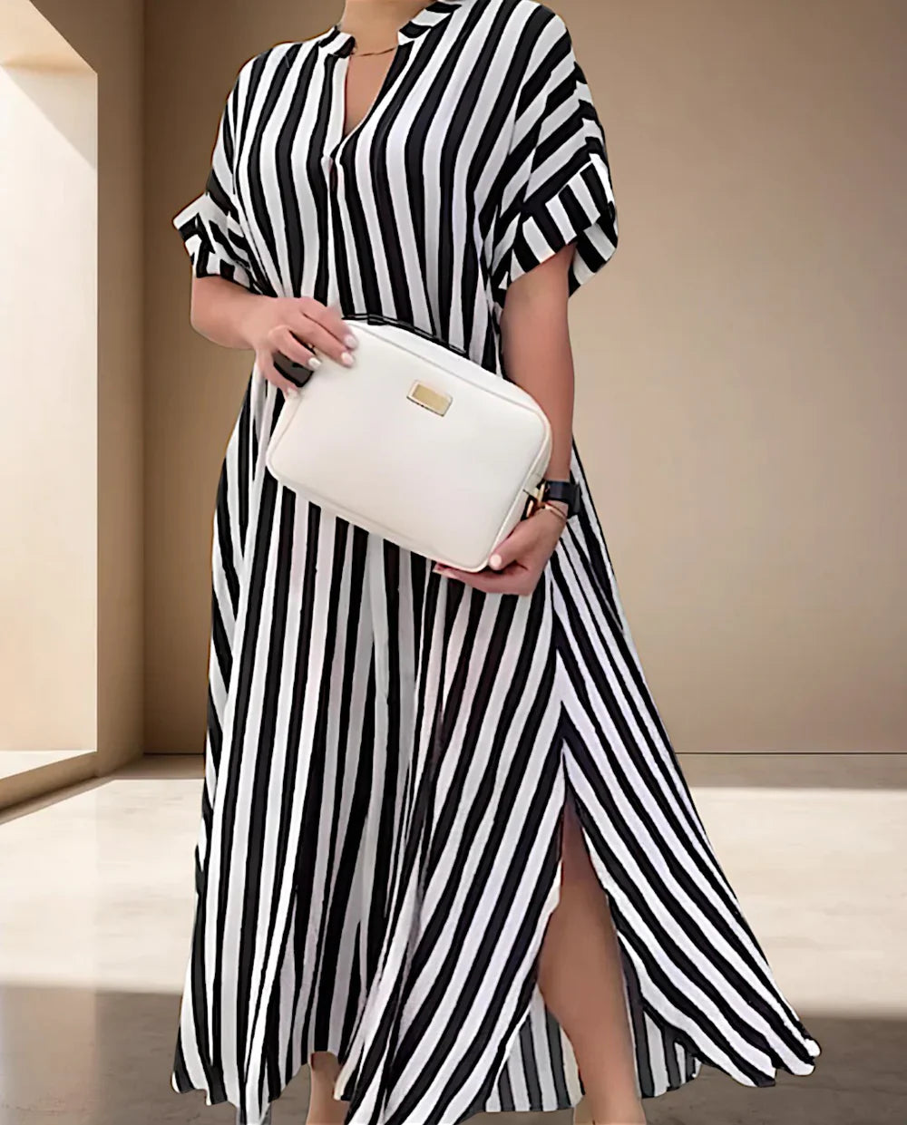 Naevanya – Striped Maxi Dress with Ruffle Sleeves