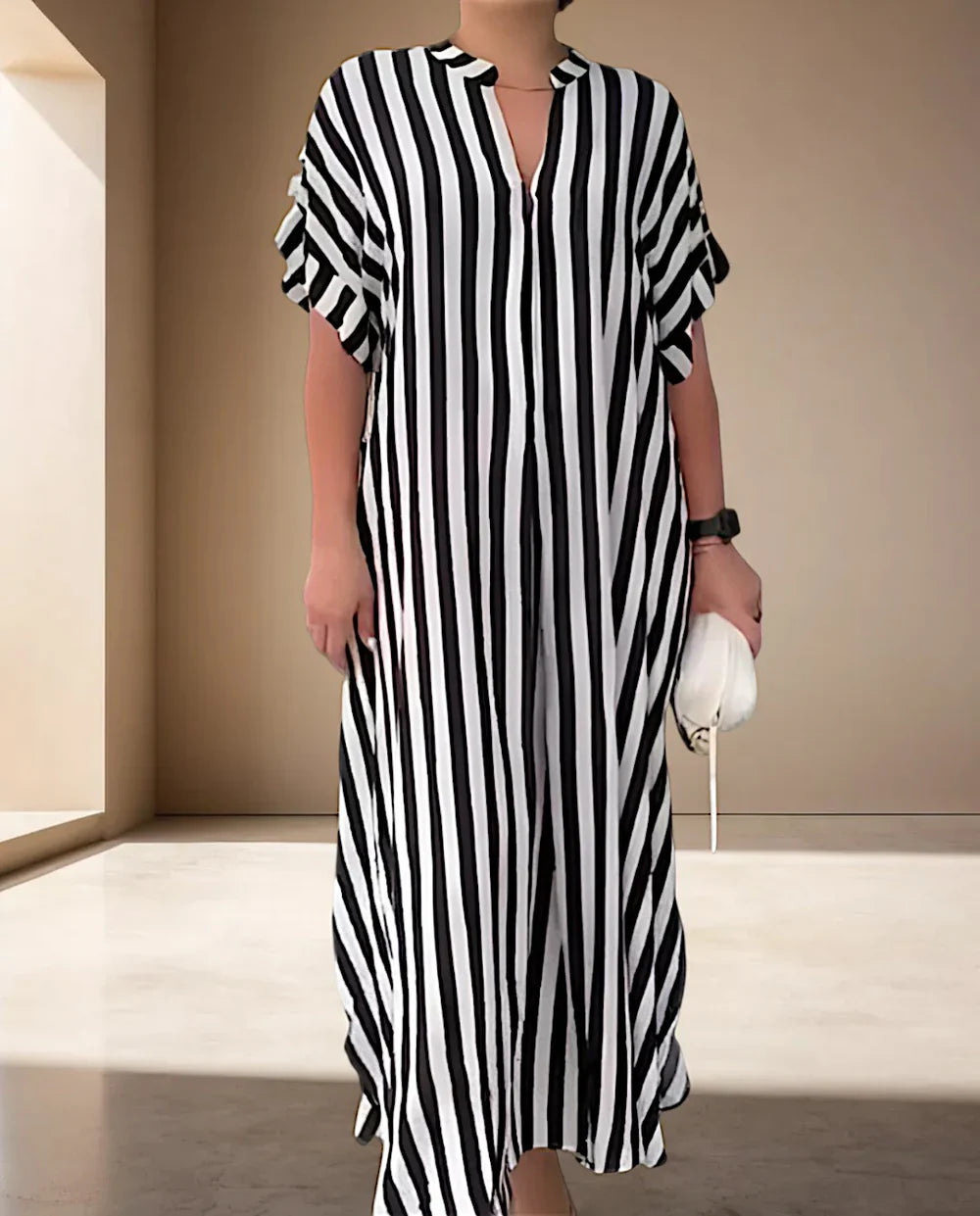 Naevanya – Striped Maxi Dress with Ruffle Sleeves