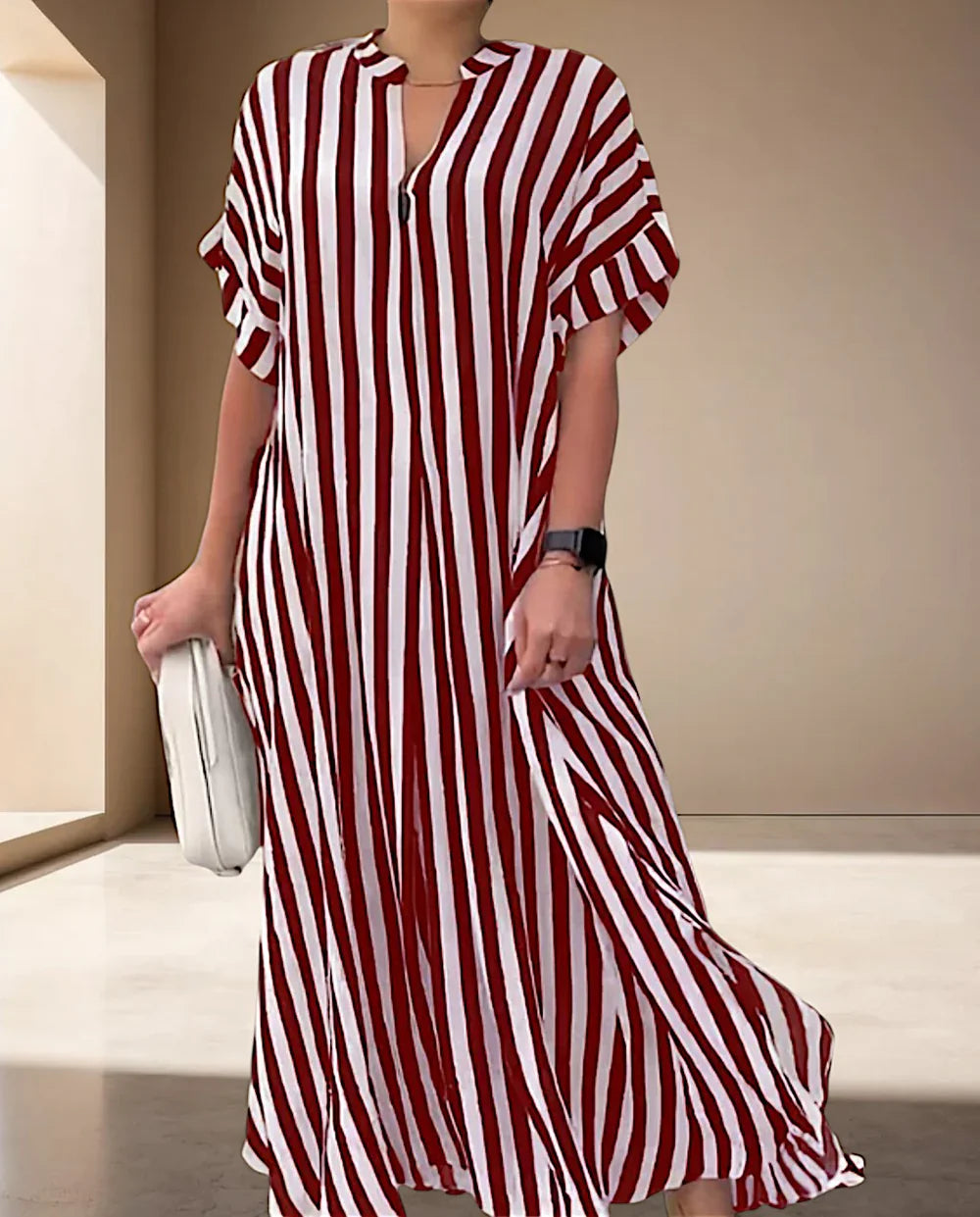 Naevanya – Striped Maxi Dress with Ruffle Sleeves