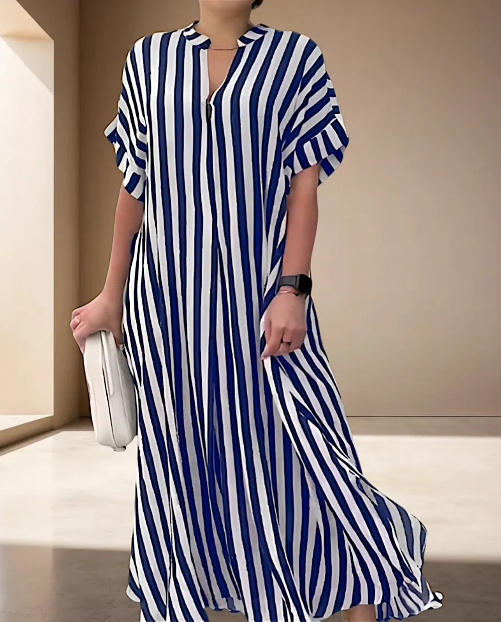 Naevanya – Striped Maxi Dress with Ruffle Sleeves