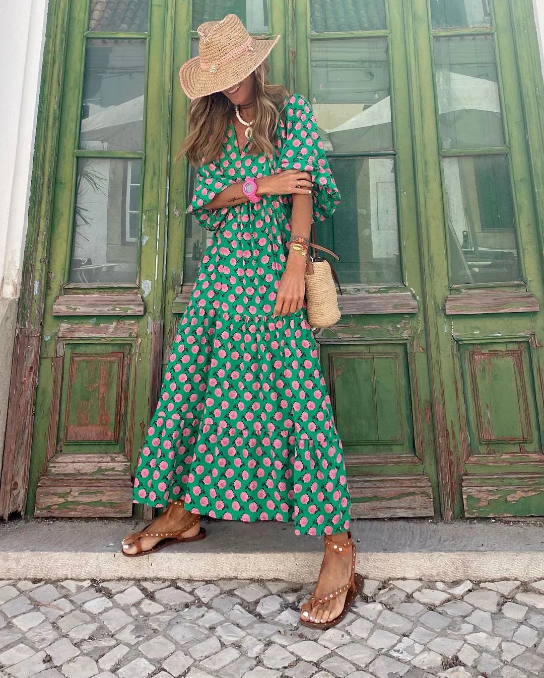 Urvee – Boho Chic Printed Tiered Maxi Dress