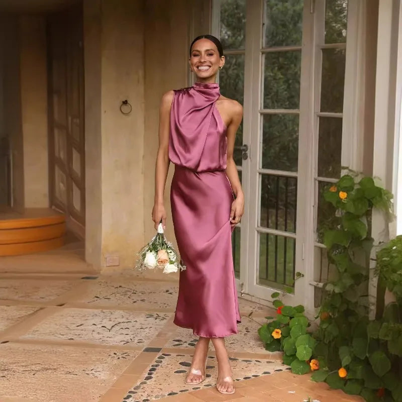 Briony – Elegant Satin Halter Neck Dress